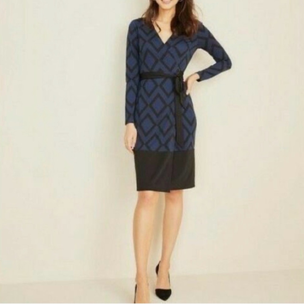 Ann Taylor NWT Navy Blue Black Geometric Print Jersey Wrap Dress